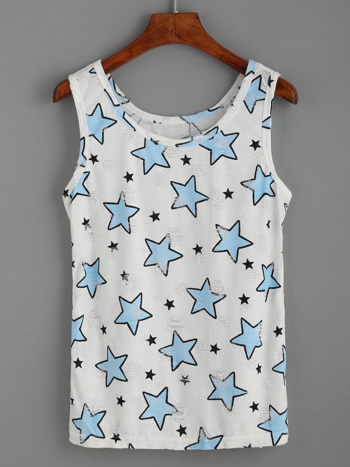 Romwe Ripped Star Print Tank Top