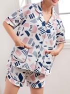 Romwe Contrast Binding Geo Print Shirt & Shorts Pj Set