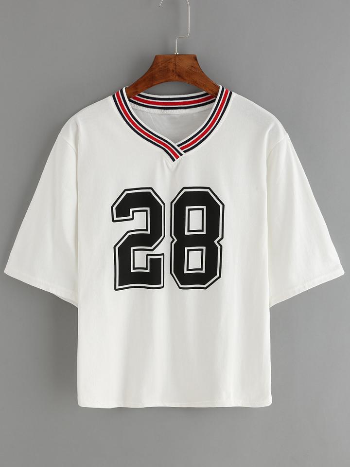 Romwe V Neck Letter Print Striped Trim T-shirt