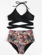 Romwe Crisscross Mixed Print Bikini Set