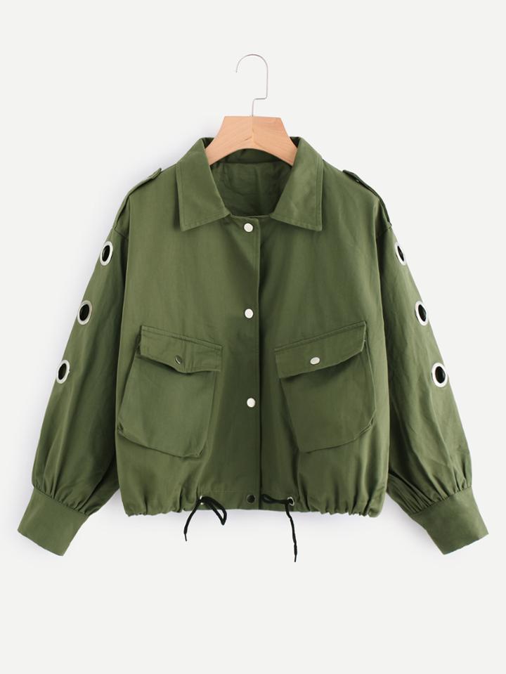 Romwe Ring Sleeve Patch Back Drawstring Hem Jacket