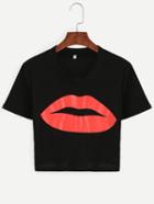 Romwe Black Lip Print Crop T-shirt
