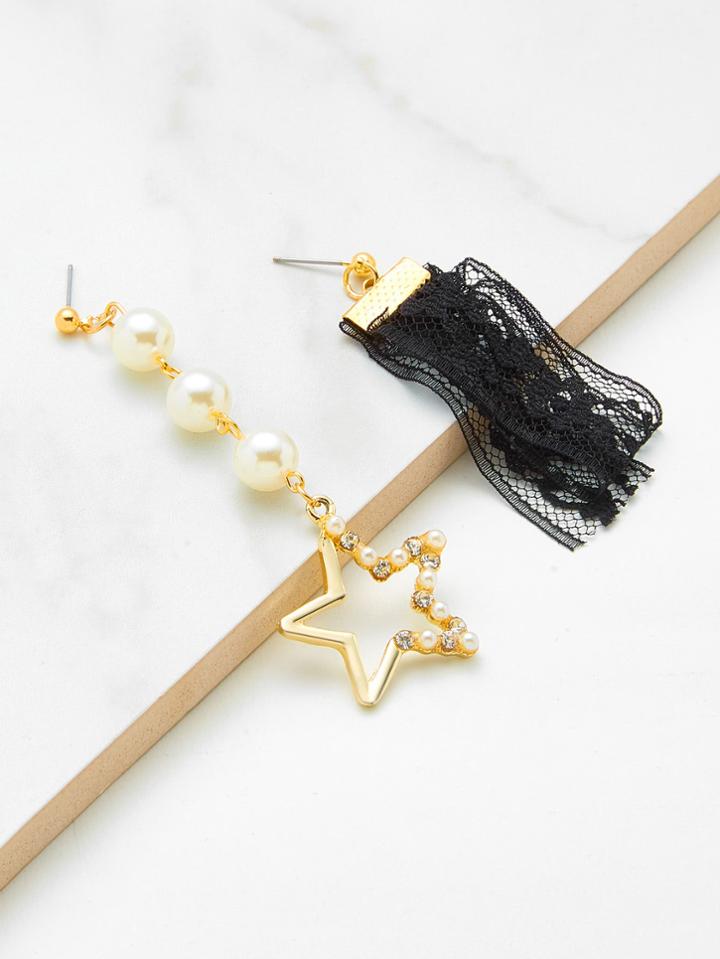 Romwe Mismatch Faux Pearl Star & Lace Drop Earrings