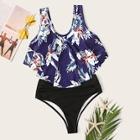 Romwe Tropical Hanky Hem Top With High Waist Bikini Set