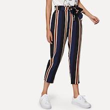 Romwe Block-striped Self Tie Pants