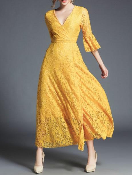 Romwe Surplice Wrap Flounce Sleeve Lace Dress