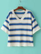 Romwe Blue Stripe V Neck Elbow Sleeve Ribbed Knit Sweater