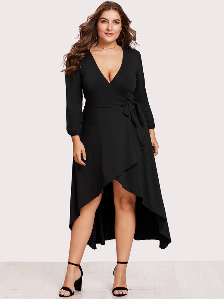 Romwe Self Tie Waist Dip Hem Wrap Dress