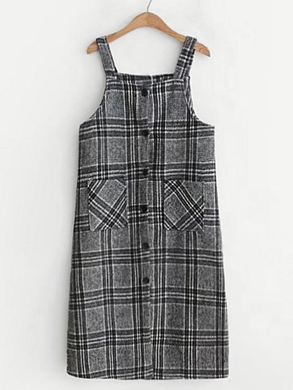Romwe Button Up Plaid Overall Dress