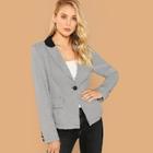 Romwe Button & Pocket Front Plaid Blazer