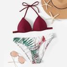 Romwe Halter Triangle Top With Random Tropical Bikini Set