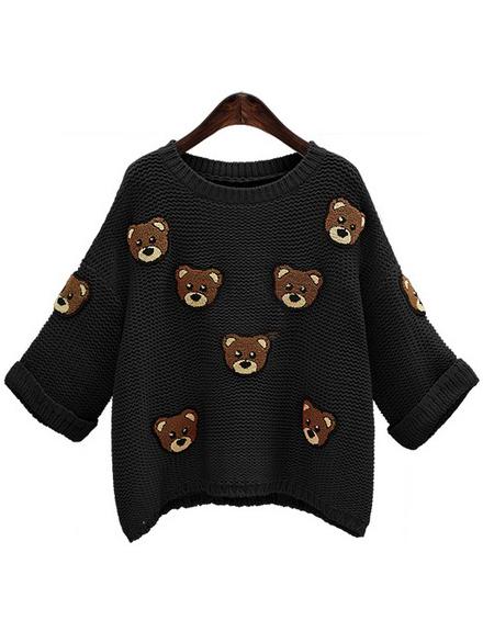 Romwe Bear Pattern Loose Black Sweater