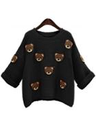 Romwe Bear Pattern Loose Black Sweater