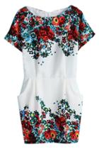 Romwe Romwe Floral Print Dual-pocket Pleated Zippered Dress