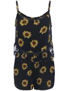 Romwe Spaghetti Strap Tassel Sunflower Print Top With Shorts