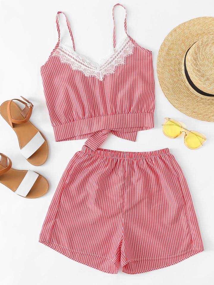 Romwe Vertical Striped Knot Back Cami Top With Shorts