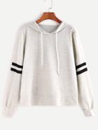 Romwe Heather Grey Varsity Striped Drawstring Hooded Sweatshirt