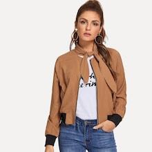 Romwe Knot Neck Plaid Zip Up Jacket