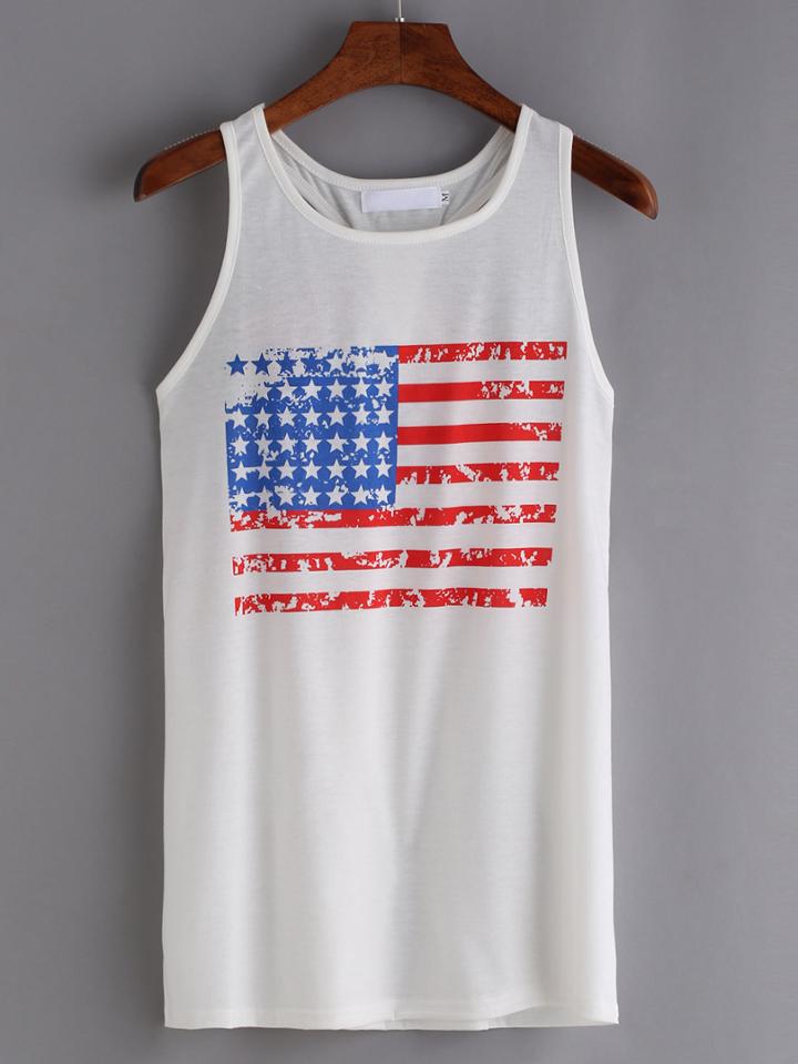 Romwe Bow Racerback Stars And Stripes Print Tank Top - White