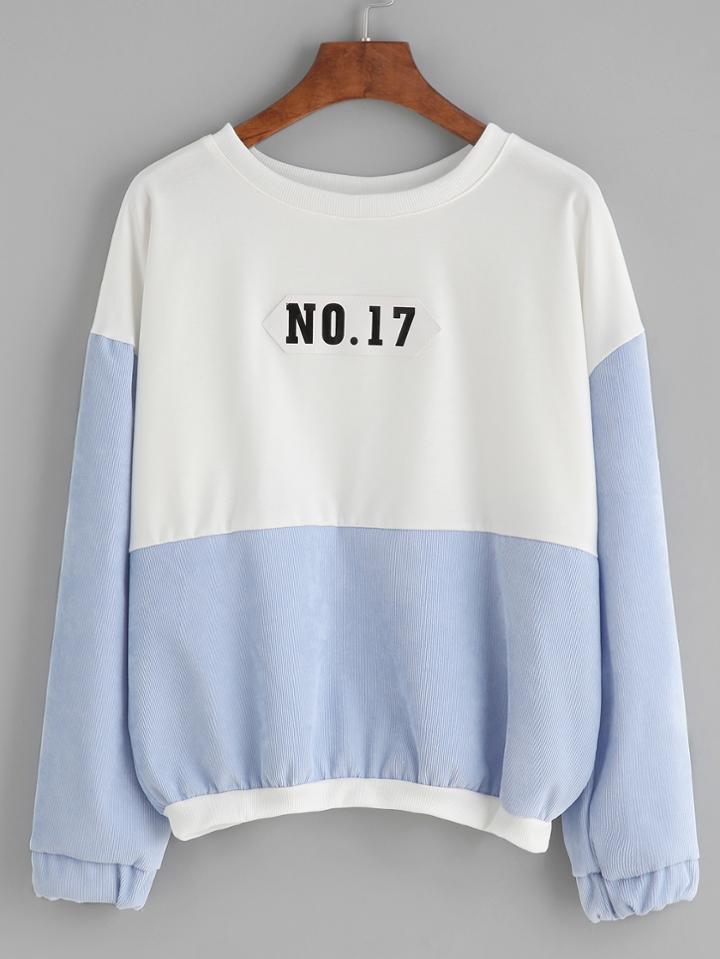 Romwe Color Block Number Patch Drop Shoulder Sweatshirt