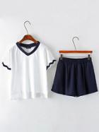Romwe White High Low T-shirt With Navy Shorts
