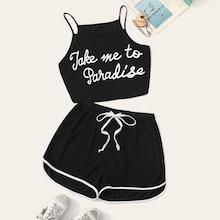 Romwe Plus Letter Print Cami Top With Contrast Trim Drawstring Shorts