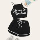 Romwe Plus Letter Print Cami Top With Contrast Trim Drawstring Shorts