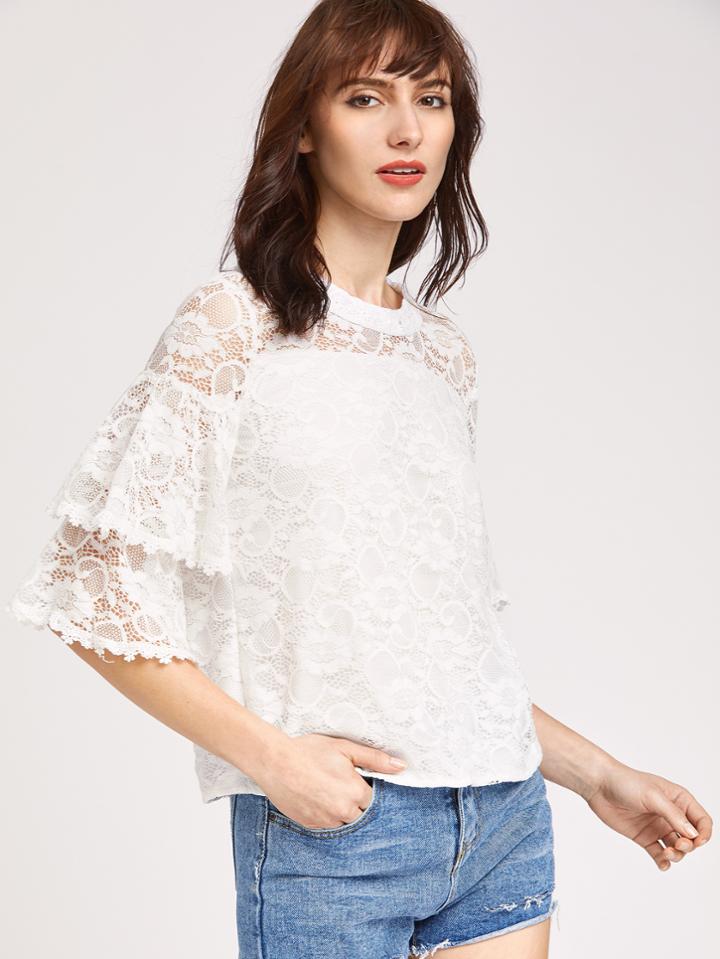 Romwe Frill Sleeve Split Back Lace Top