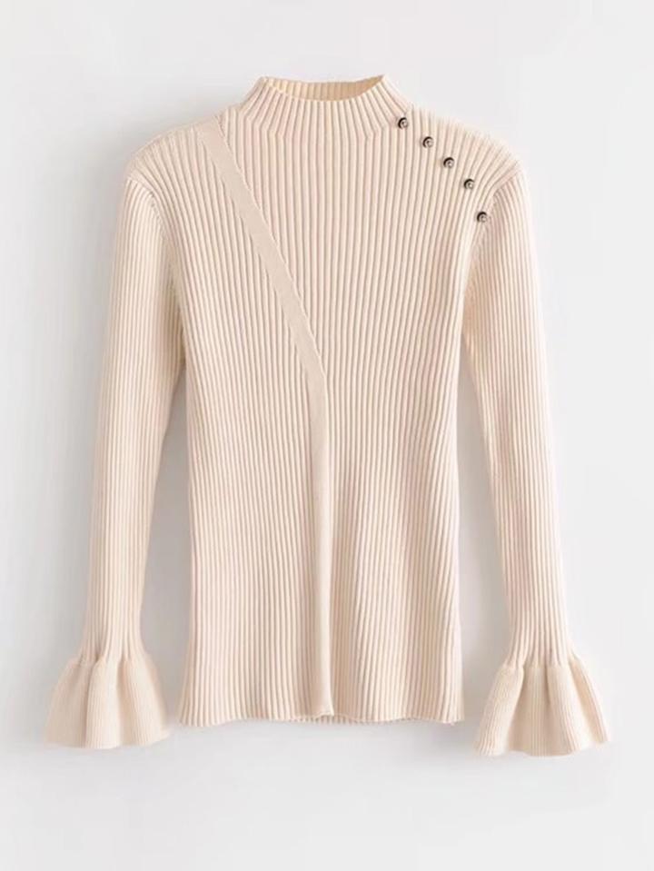 Romwe Button Detail Fluted Sleeve Slim Fit Knitwear