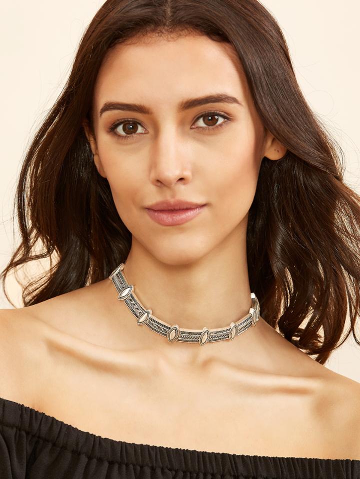 Romwe Antique Silver Boho Alloy Choker Necklace
