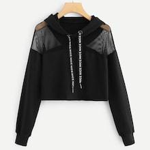 Romwe Contrast Mesh Net Hooded Sweatshirt