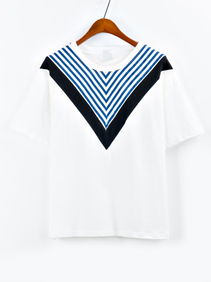 Romwe Chevron Striped Print T-shirt - White