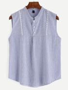 Romwe Blue Striped Button Front Lace Trim Sleeveless Blouse