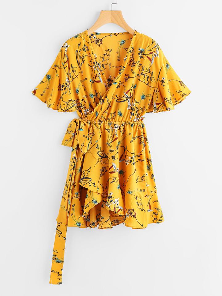 Romwe Floral Print Surplice Self Tie Waist Dress