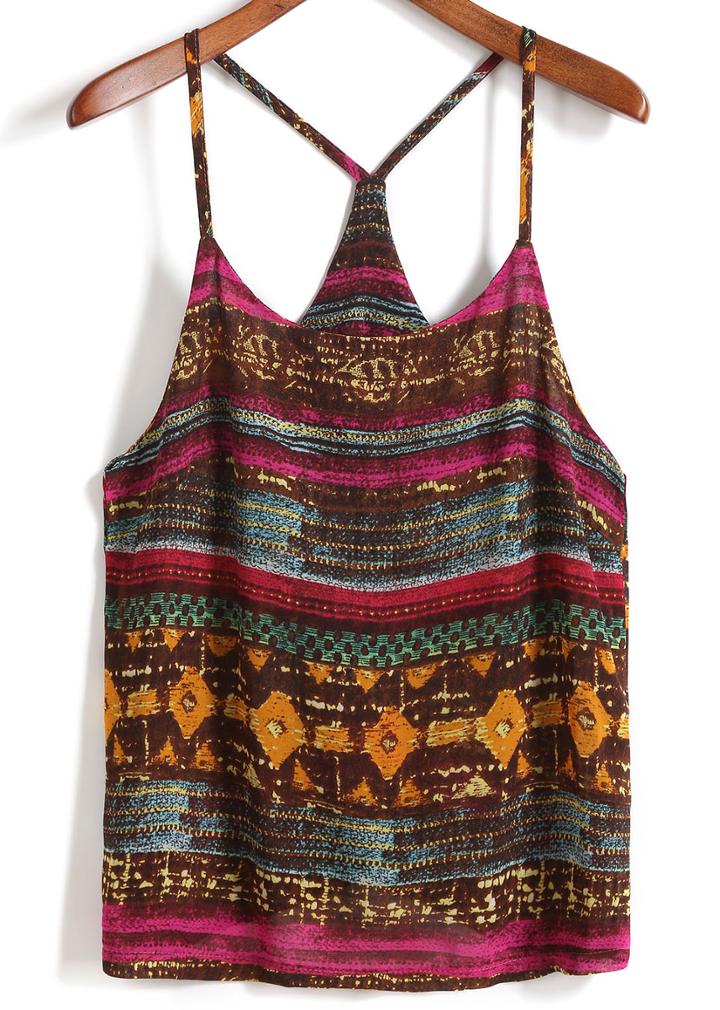 Romwe Spaghetti Strap Vintage Print Rose Red Cami Top