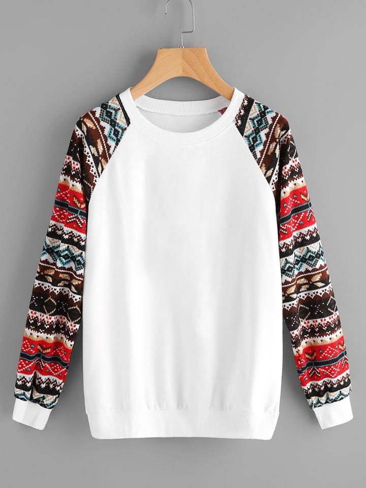 Romwe Contrast Aztec Knit Sleeve Sweatshirt
