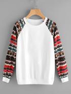 Romwe Contrast Aztec Knit Sleeve Sweatshirt
