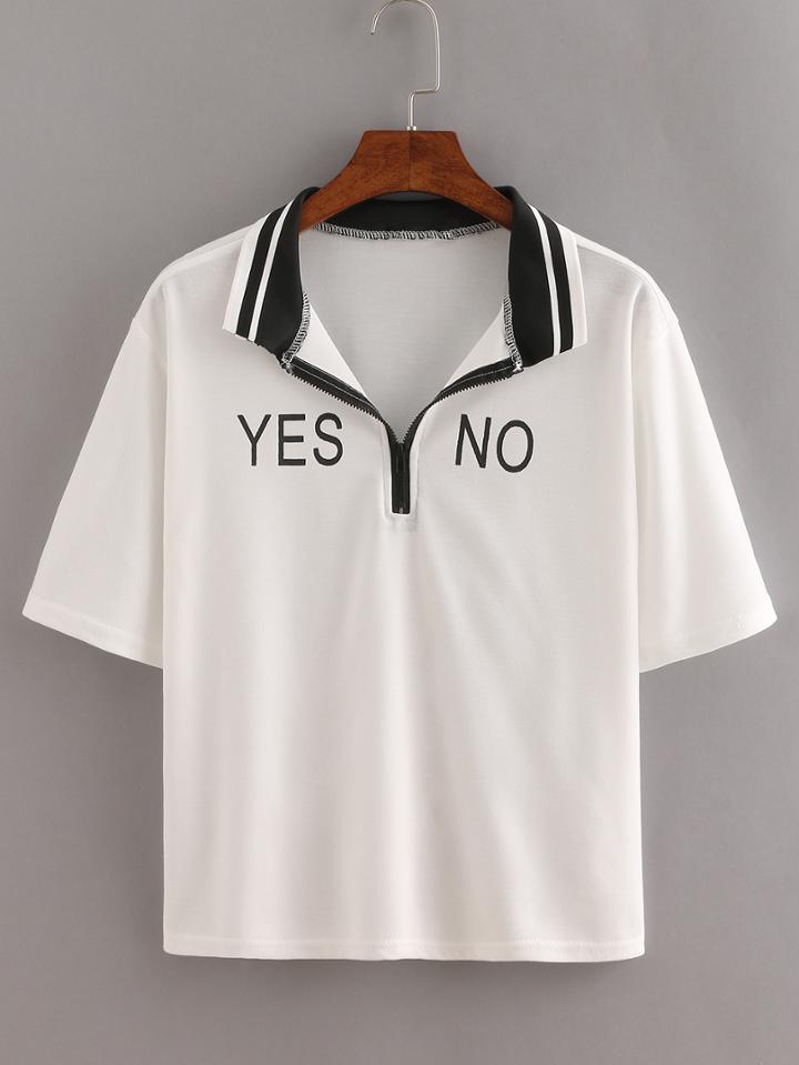 Romwe Striped Trim Letters Print Zip T-shirt