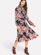 Romwe Lantern Sleeve Tied Neck Floral Dress
