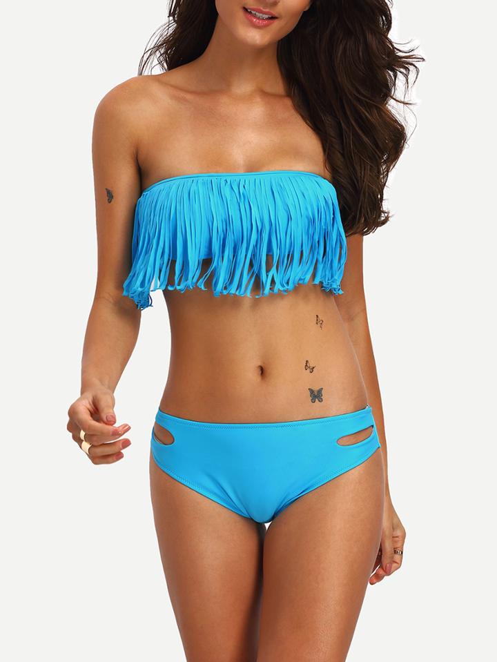 Romwe Cutout Fringe Bandeau Bikini Set