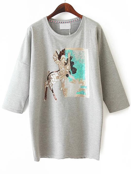 Romwe With Sequined Deer Pattern Loose Grey Sweatshirt