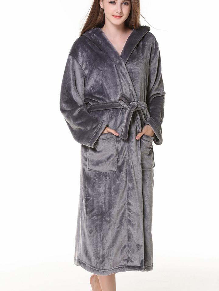 Romwe Self Tie Hooded Plush Robe