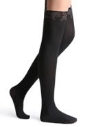 Romwe Black Floral Trim Velvet High Stretch Pantyhose Stockings