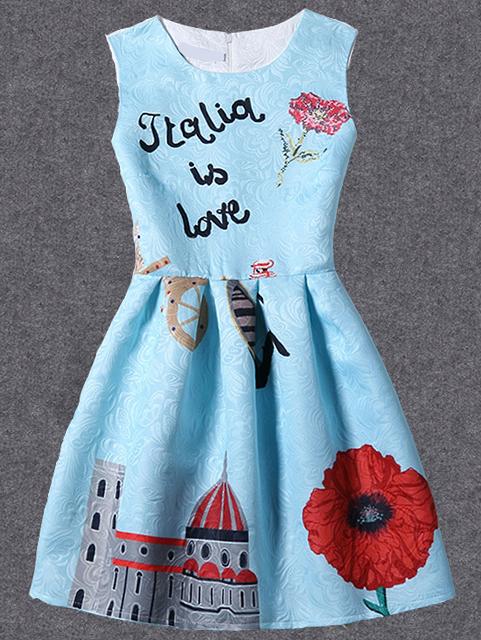 Romwe Sky Blue Printed Fit & Flare Sleeveless Dress