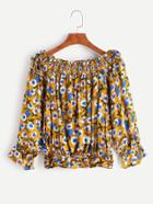 Romwe Yellow Shirred Off The Shoulder Floral Top