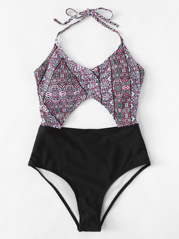Romwe Cut Out Halter Swimsuit