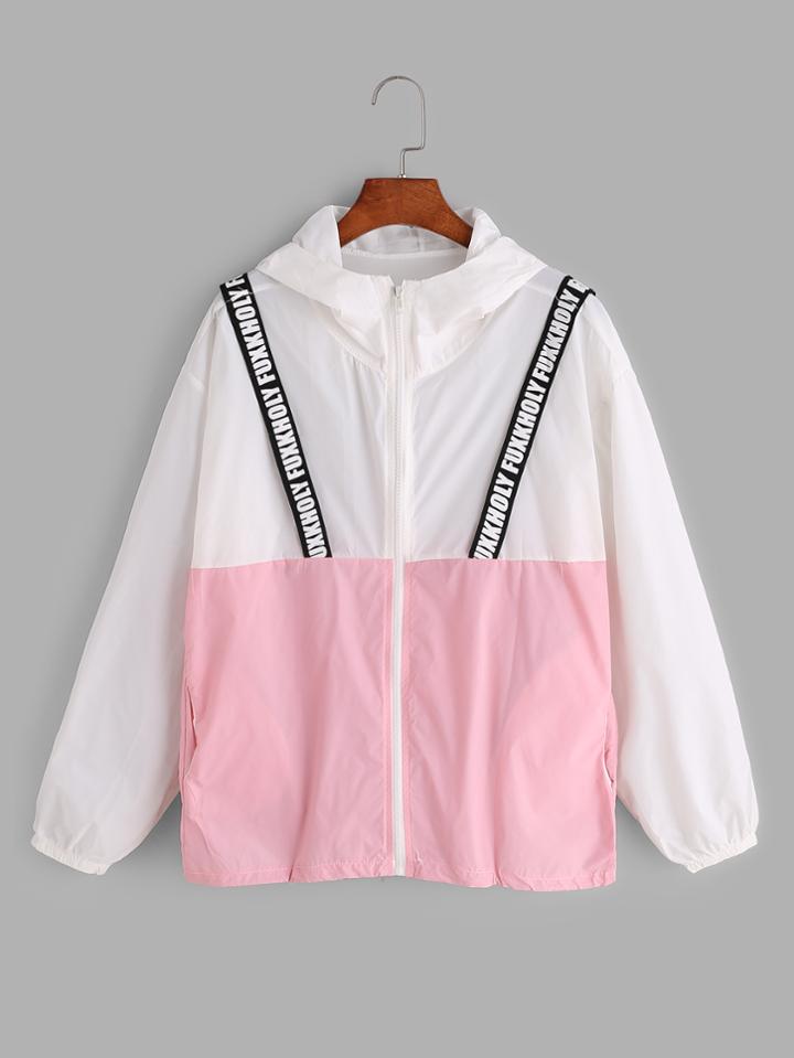 Romwe Contrast Letter Print Strap Hooded Jacket