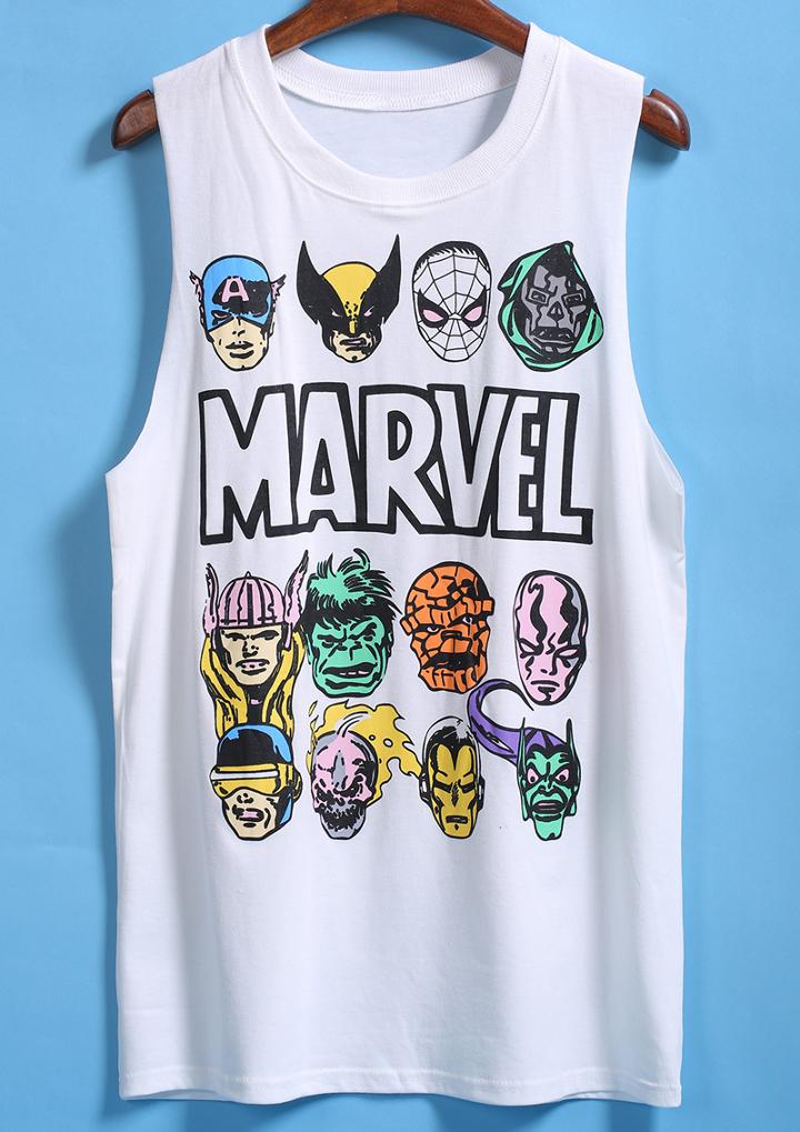 Romwe Cartoon Print White Tank Top