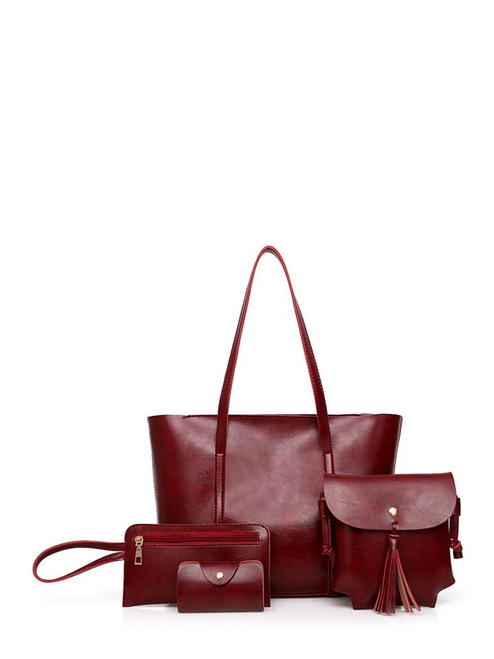 Romwe Tassel Detail Pu Bag Set 4pcs