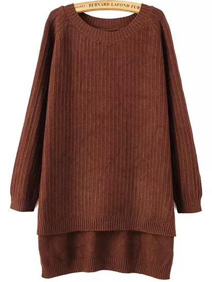 Romwe Raglan Sleeve Dip Hem Ribbed Slit Coffee Jumper